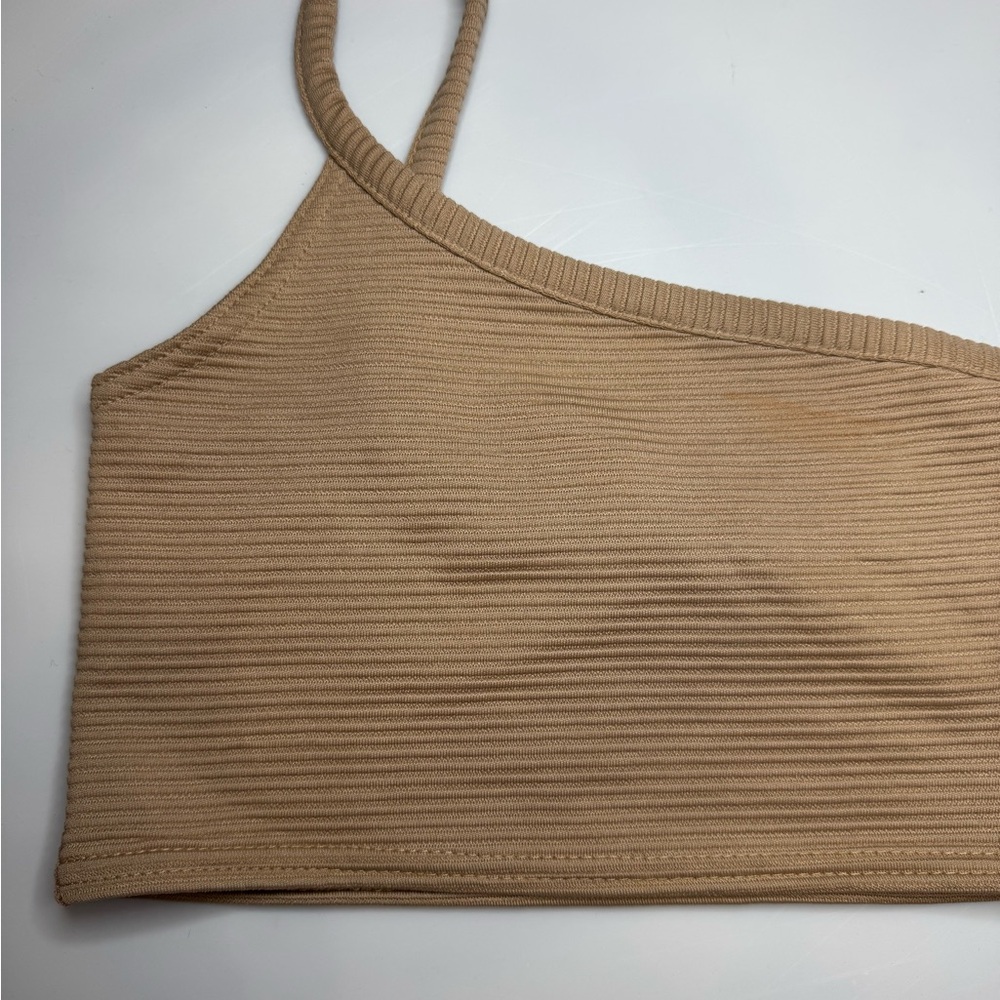 Femme Luxe Tan Ribbed One-Shoulder Crop Top